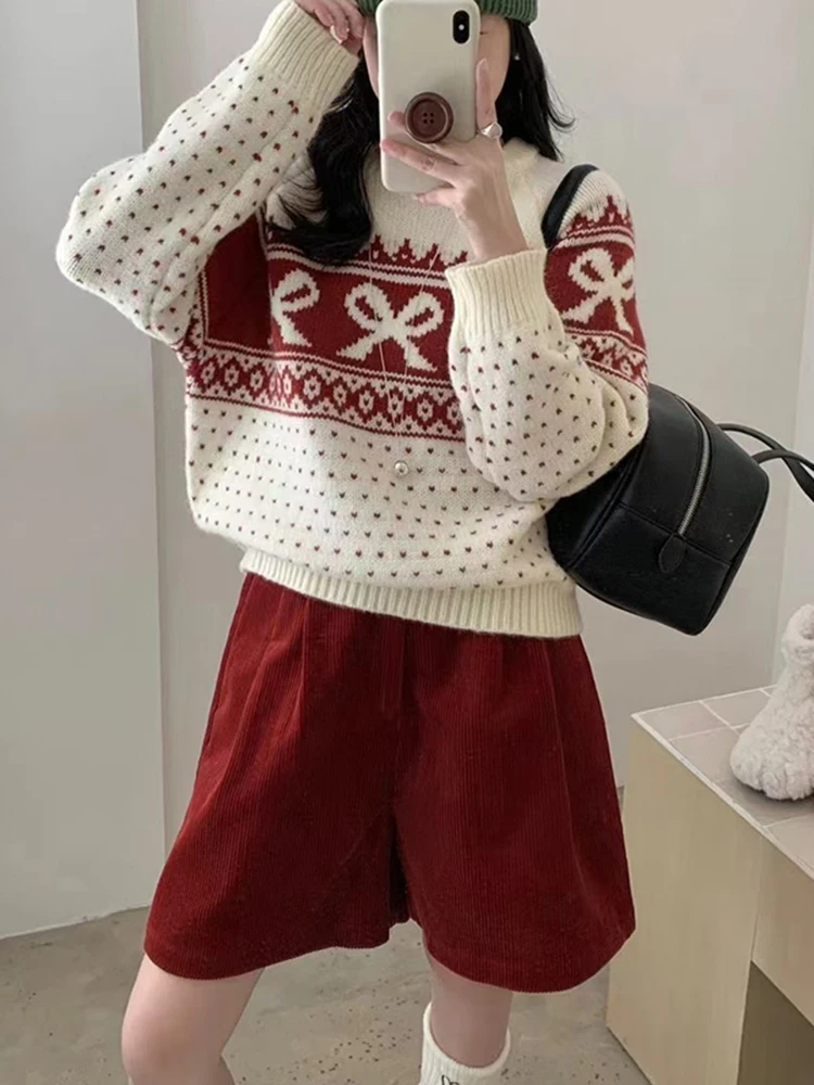 New Autumn Winter Christmas Loose Casual Pullover Sweater Versatile Long Sleeved Contrasting Knit Sweater for Women A208