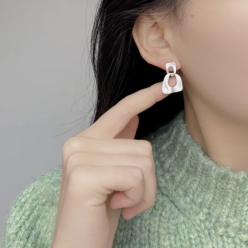 925 Sterling Silver Interlinked Irregular Geometric Block Charm Drop Earrings Women Simple Trendy Statement Earring Party Gift