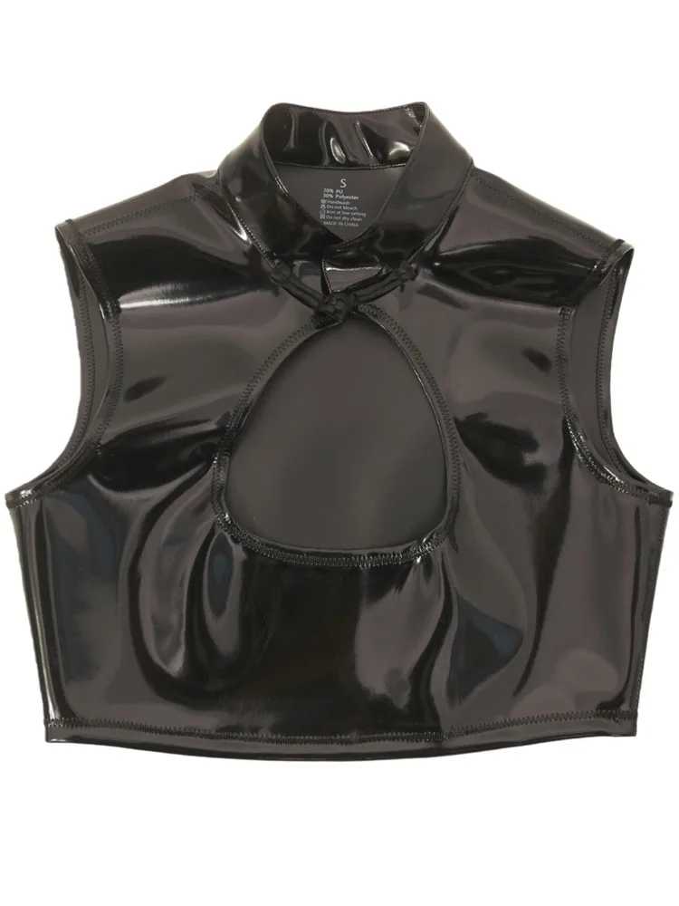 

Double Sided PU Leather Tank Top Shiny Matt Reversible Bustier Crop Tops Hollow Out Cami Croptop Cropped Vest Sleeveless Shirts