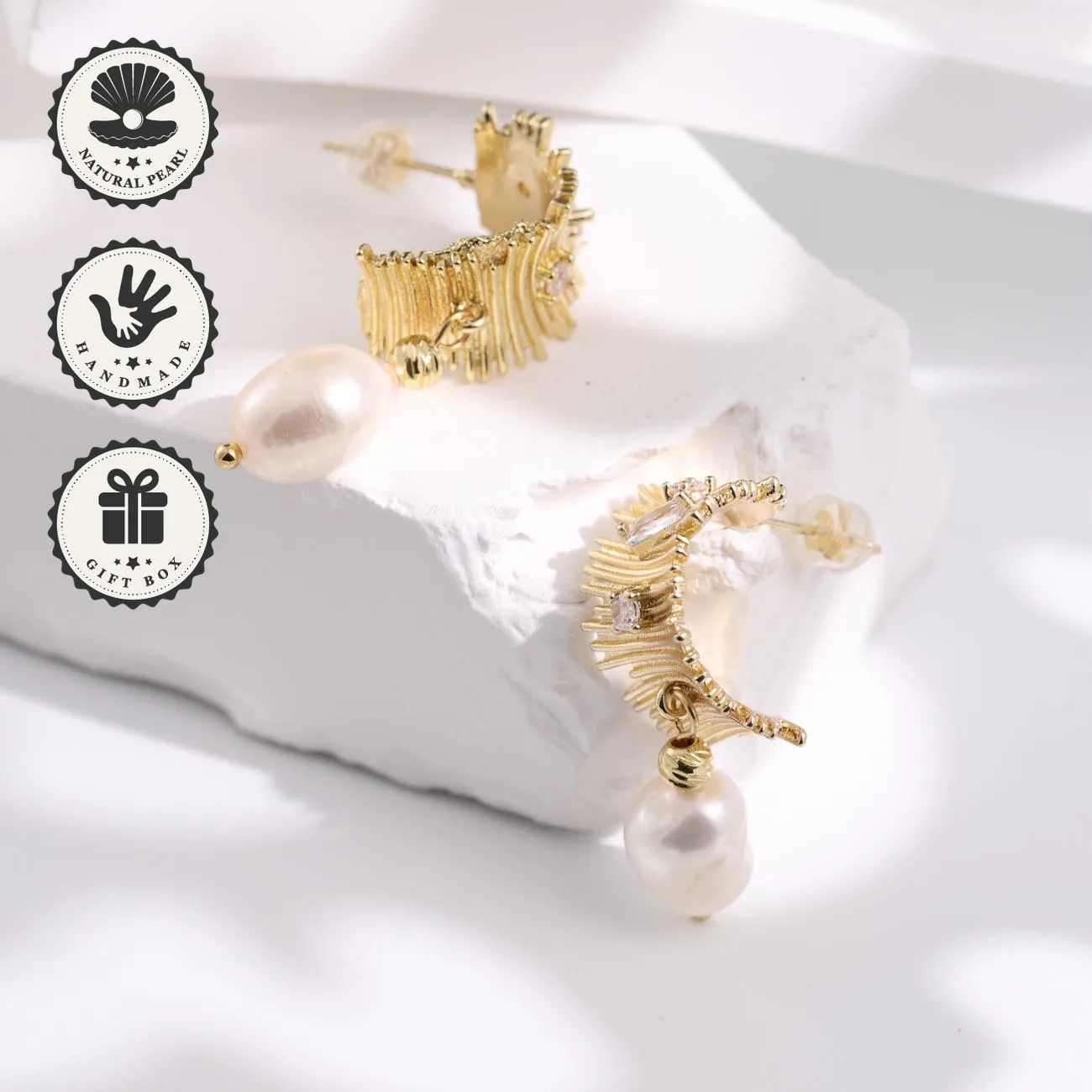 

Mysoya Golden Irregular Stripe Earrings White Baroque Freshwater Pearl 8–10mm Gift Box Valentine’s Day Gift For Her