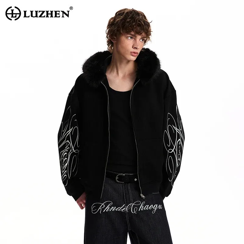 LUZHEN 2026 Winter Trendy Original Printed Letter Faux Fur Collar Hooded Sweatshirt Coat Men Handsome High Quality Jacket JY9030