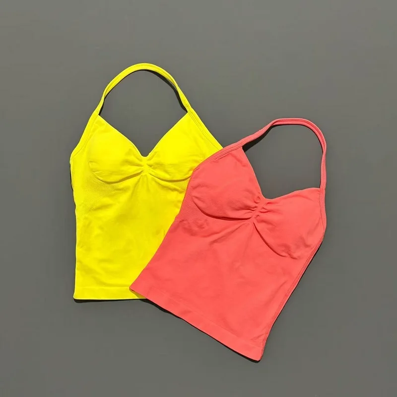 ملابس رياضية للصالة الرياضية للسيدات بدون خياطة لليوجا مع وسادات قابلة للإزالة ورقبة على شكل V رياضية بدون أكمام سترة رياضية للجري واللياقة البدنية #6