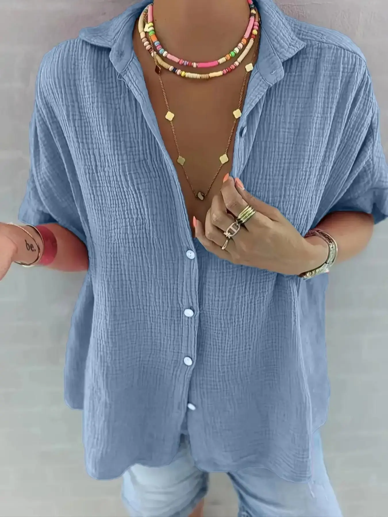 

Плюс размер 1XL-5XL, весна-лето, женская модная однотонная текстурированная рубашка, женская повседневная рубашка с короткими рукавами и лацканами