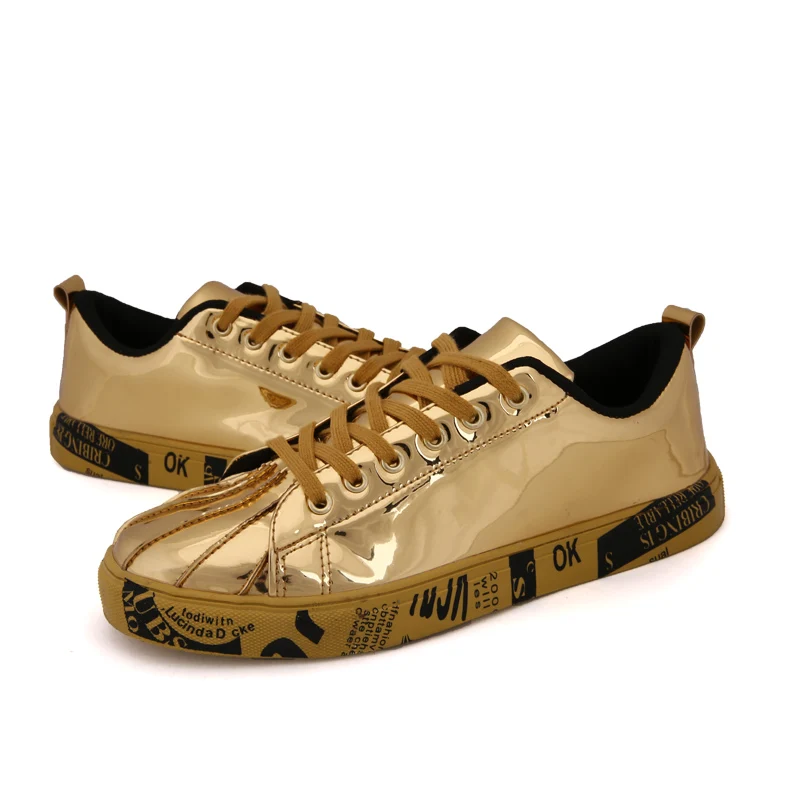 2024 Men Shoes Fashion Patent Leather Sneakers Tops Gold Silver Hip Hop Boots Glossy Lighted Brand Designer Shoes Flats Size 46