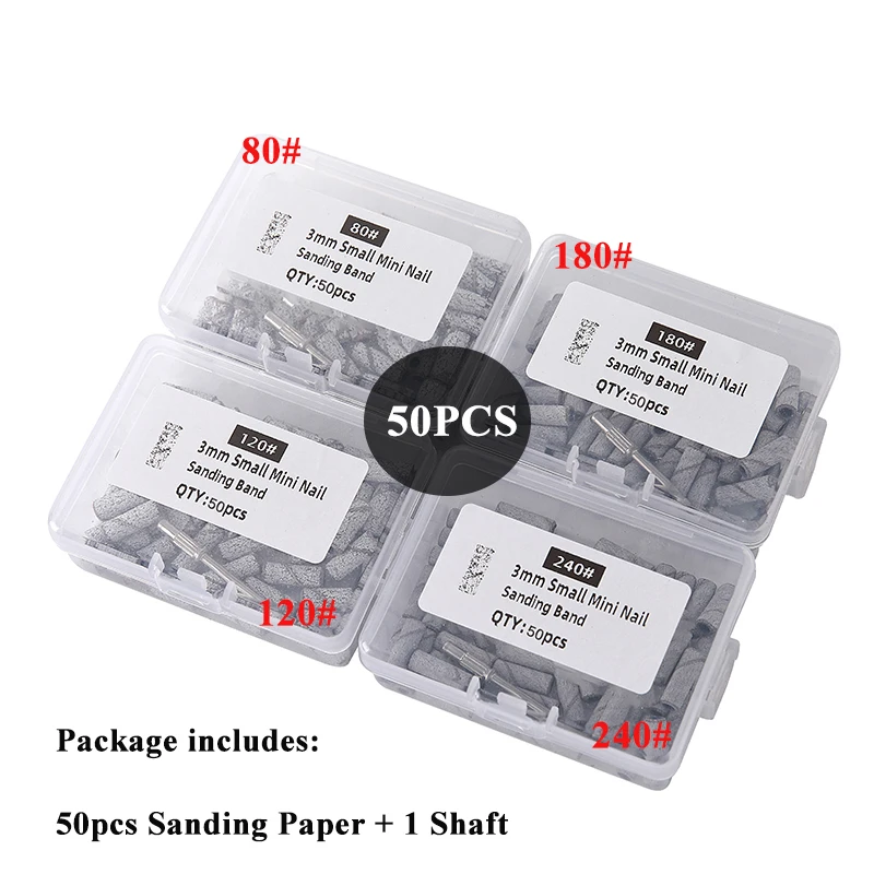 50 개/상자 3mm 미니 샌딩 밴드 1 샤프트 네일 드릴 비트 맨드릴 세트 전기 매니큐어 액세서리 도구 죽은 스킨 리무버