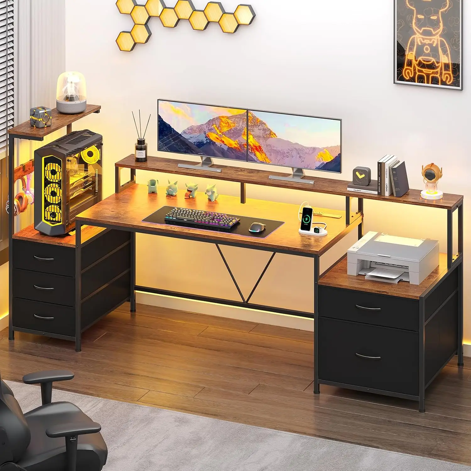 Gaming Desk 63 Inch Drawers Storage Shelves Printer Stand