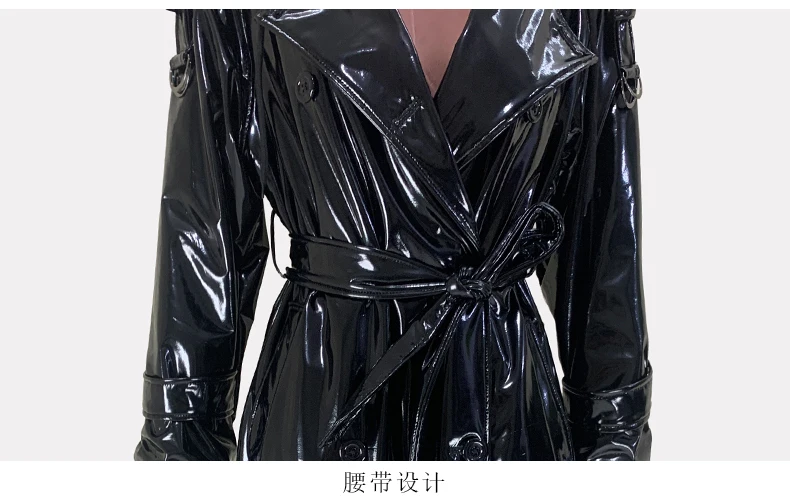 Nerazzurri Autumn Extra Long Shiny Black Soft Patent Pu Leather Trench Coat for Women with Hood Double Breasted European Fashion