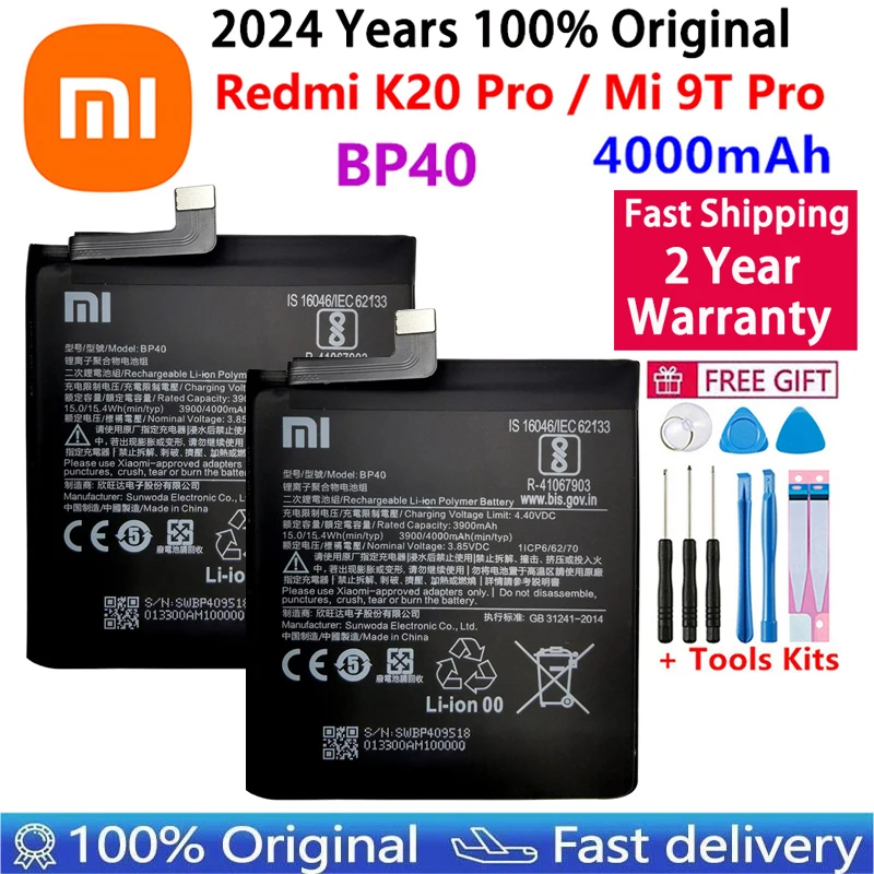 2024 Year 100% Original Battery For Xiaomi Redmi K20 Pro K20Pro / Mi 9T Pro 4000mAh BP40 Phone Replacement Batteries Bateria