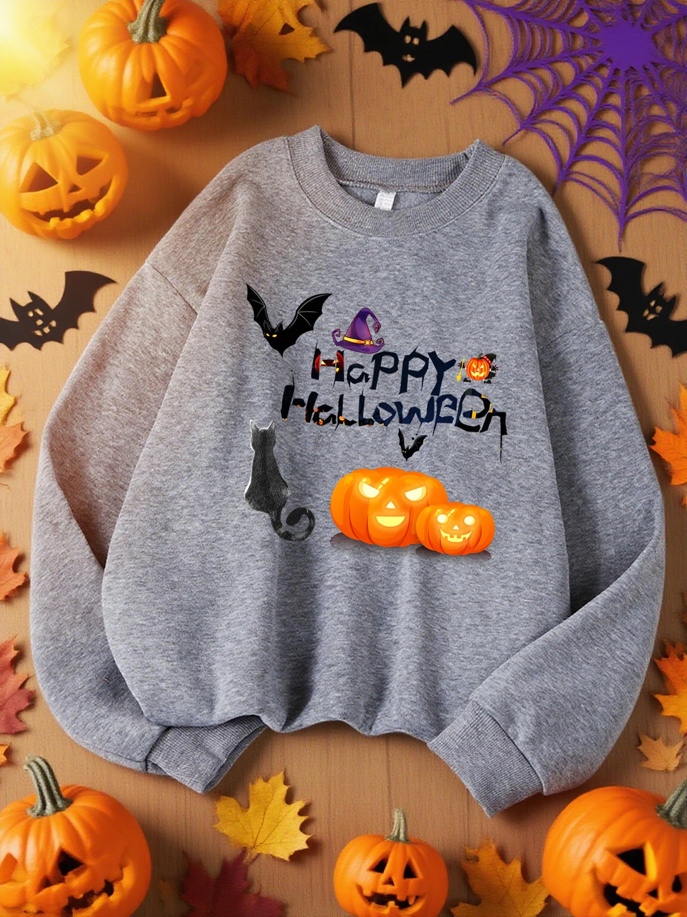 Happy Halloween Pumpkin Cat And Bat Design Felpe da donna Felpa casual in pile O-Collo Autunno Top Abiti caldi e traspiranti