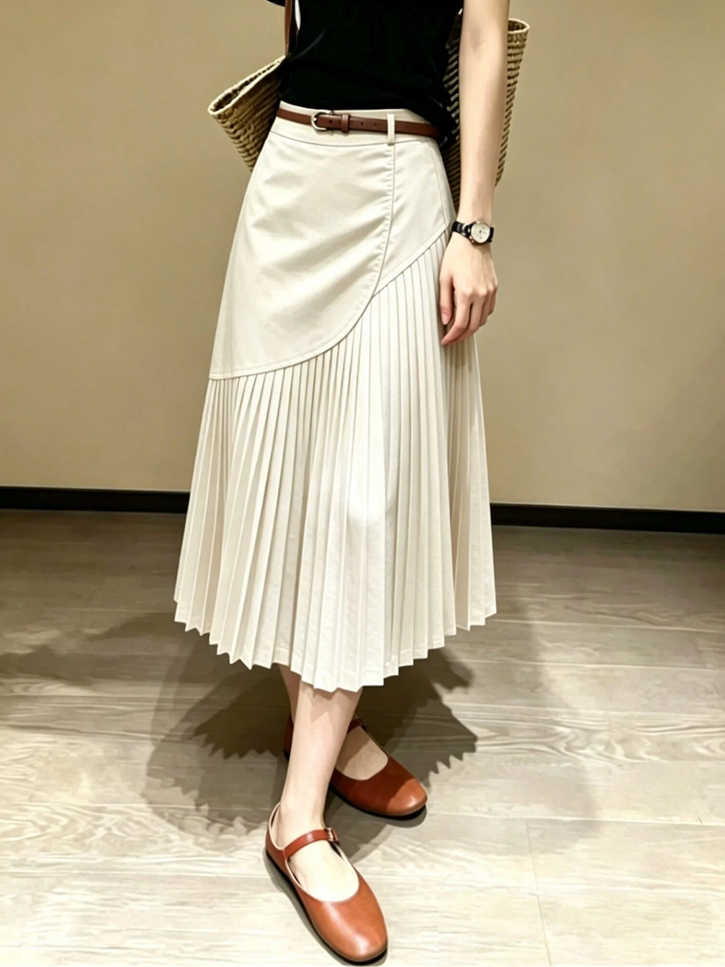 Elegant High Waist Pleated  Skirt for Women Commute Slimming A-Line Skirt Summer Fashionable Beautiful Half-length Skirt