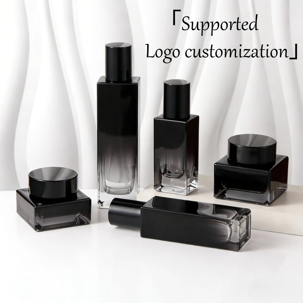 6 Stück schwarze Glasflaschen mit Farbverlauf und Pumpspender, nachfüllbare Behälter, leere Cremetiegel für Hautpflege, Lotion, Make-up-Aufbewahrung. – Detail 2