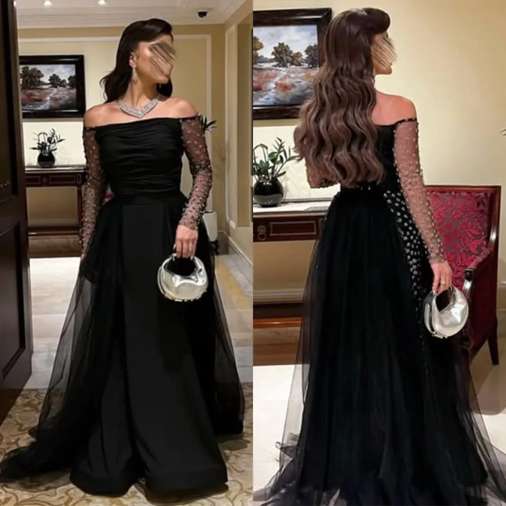 

High Quality Customized Three Quarter Floor Length Black Evening Dresses Backless Tulle Wrinkle Strapless فساتين للمناسبات الخاص
