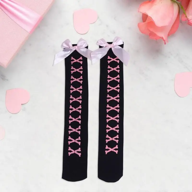 195E 할로윈 Bowknot 양말 여성용 허벅지 높은 양말 해골 인쇄 고딕 무릎 스타킹 이상 코스프레 의상 액세서리