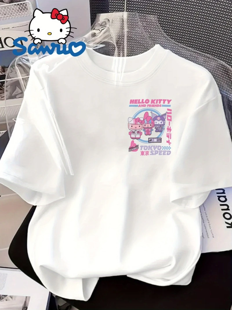 تي شيرت Sanrio رسميًا مطبوع عليه Hello Kitty Tokyo للزوجين بأكمام قصيرة، تي شيرت لطيف كاجوال برقبة دائرية، ملابس صيفية