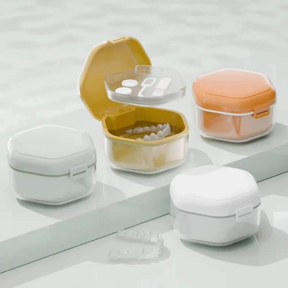 Invisible Orthodontic Retainer Case Sealed Portable Denture Cleaner Box 2 Layer Denture Cleaning False Teeth Container