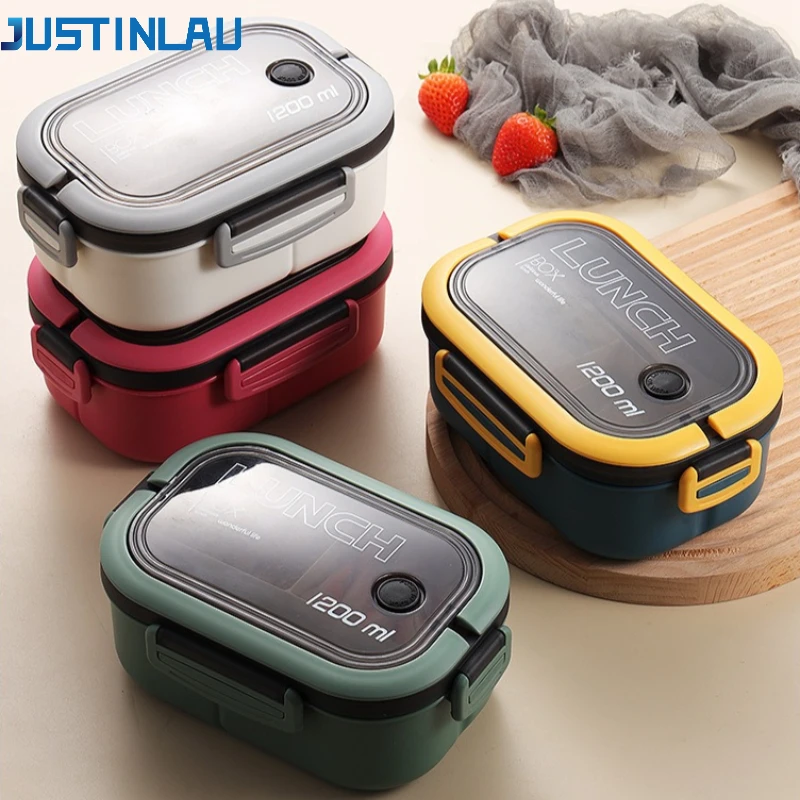 JUSTINLAU Student Lunch Box Plastic Compartments Double Layer Food Container Portable Office Workers Bento Box Microwave Safe