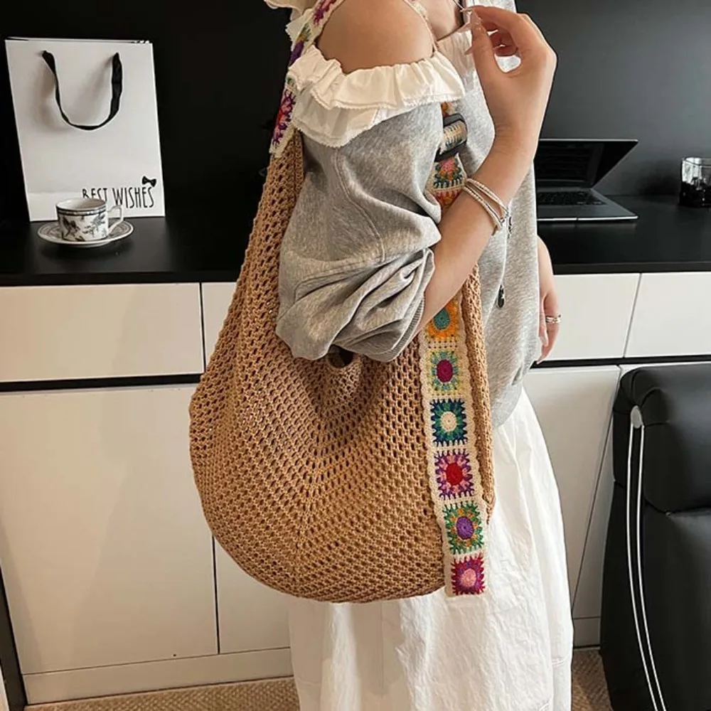 

Large Capacity Crochet Tote Bag Ethnic Style Lightweight Hollow Woven Bag Cotton Embroidered Strap Knitting Handbag Female