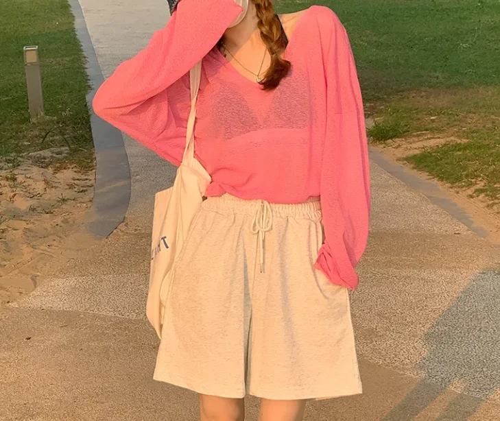 Sexy Transparent Top Solid Color V-Neck Long Sleeved Loose Long Sleeved T-Shirt Top for Women's Summer Beach Sunscreen Shirt Top