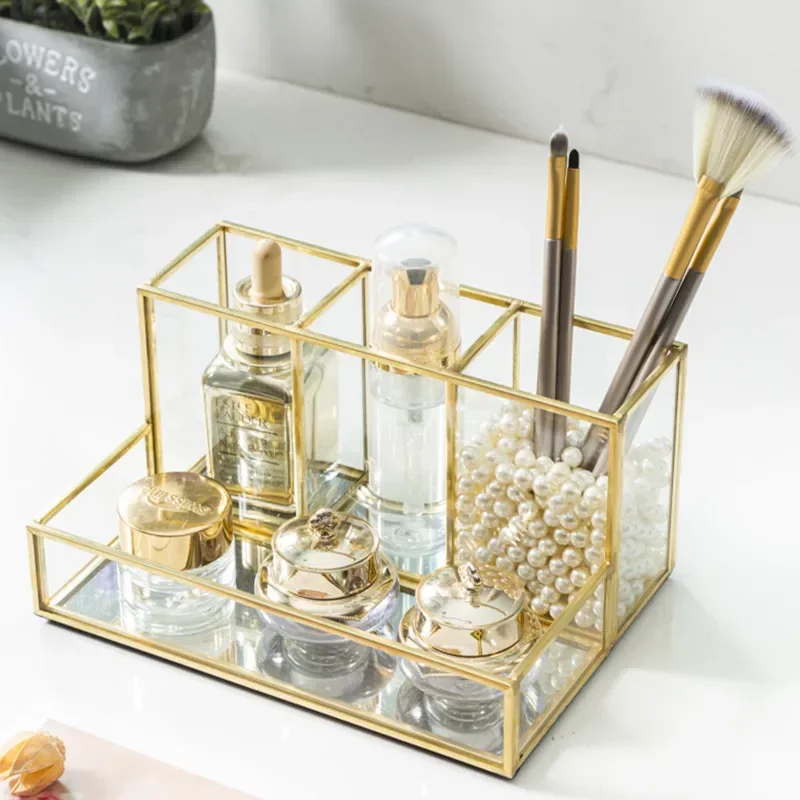 Luxury Makeup Brush Blush Brush Storage Bucket Glass Metal Ornaments Home Decoration Desktop Table Makeup Storage Tube Organizer