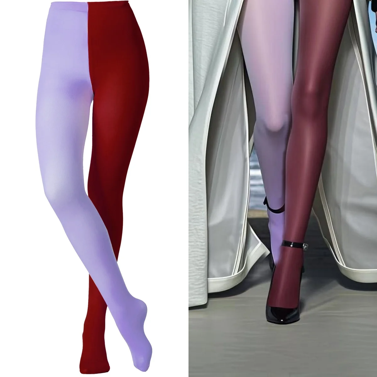2026 Damen Zweifarbige Dopamin-Farben-Strumpfhose, Zweifarbige Strumpfhose, Asymmetrische Strumpfhose, Duo-Strumpfhose, Zweifarbige Strumpfhose für Damen, 2 Farben – Detail 11