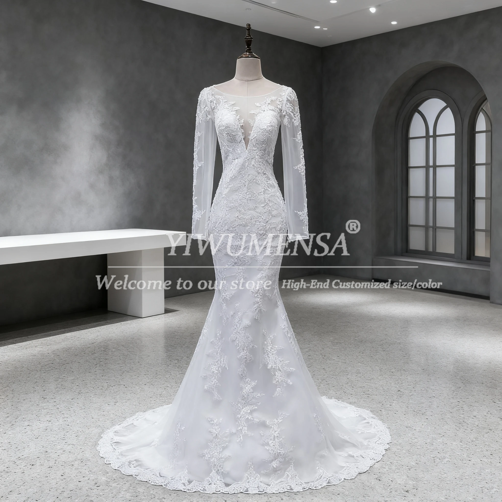 

Lace Appliques Mermaid Wedding Dresses Scoop Neck Long Sleeves Backless Bridal Gowns Customized Bride Formal Occasion Clothing