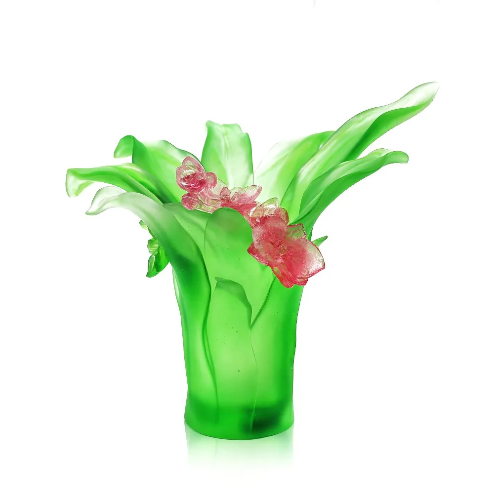 Handmade glazed orchid flower art sculpture crystal home decoration green pink ornament modern desktop accent collection gift