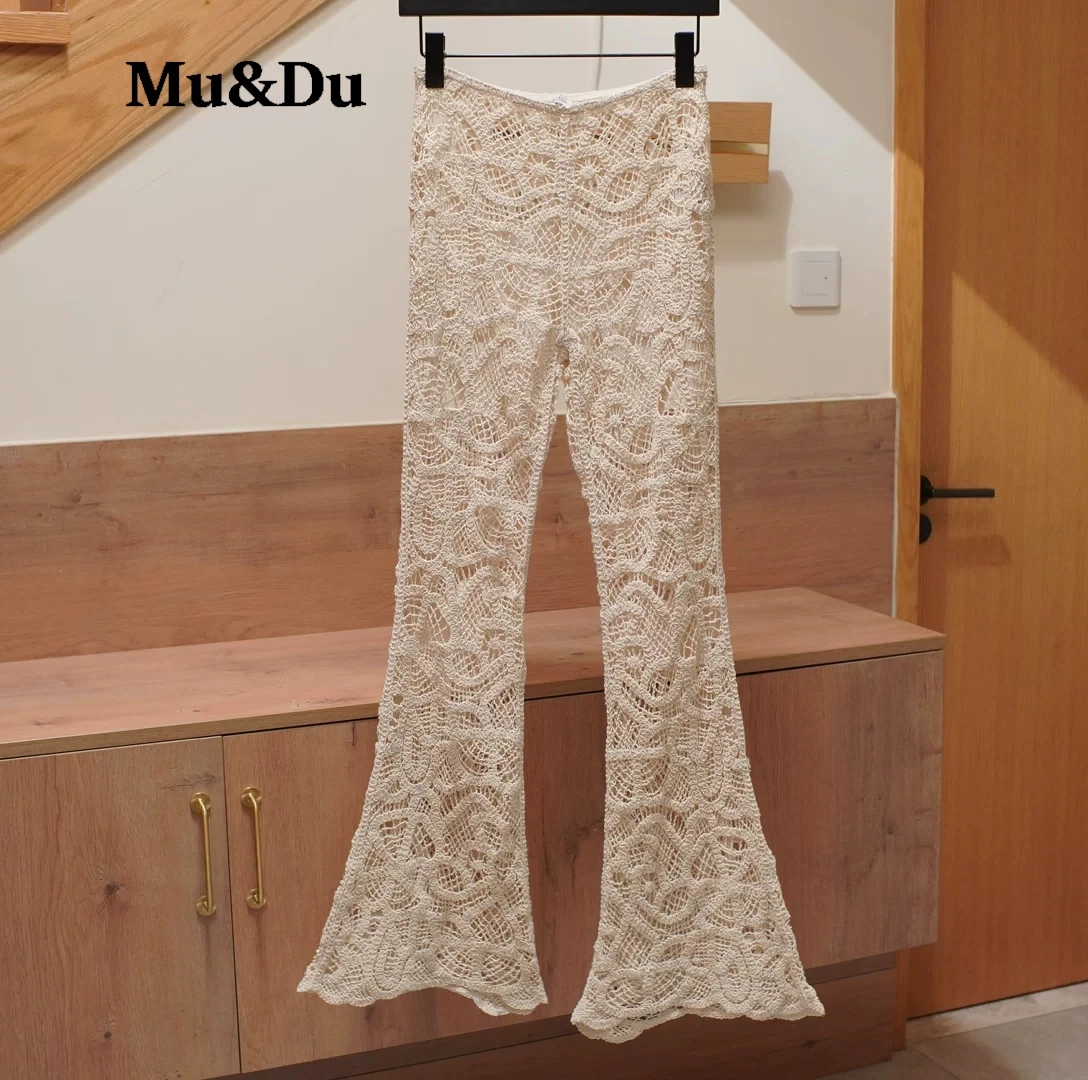 Sexy Beach Vacation Long Pants Hollow out See through Bell Bottoms Romantic Spicy Girl off Hook Flower Lace Design Flared Pant