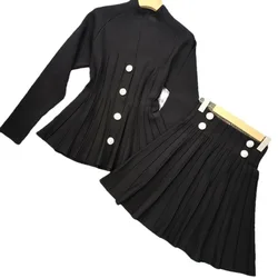 Elegant Style 2024 Newest Spring Lady Suit Long Sleeve Single-breasted Knit Cardigan Mini Pleated Skirt Women Solid 2Pcs