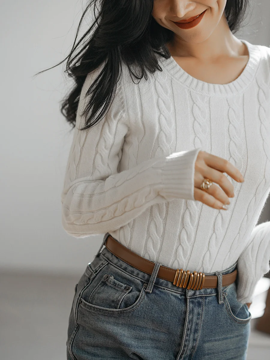 Chirs XiaoqianSouth France HolidayRound neck Fried Dough Twists pattern close fitting temperament slim long sleeve top