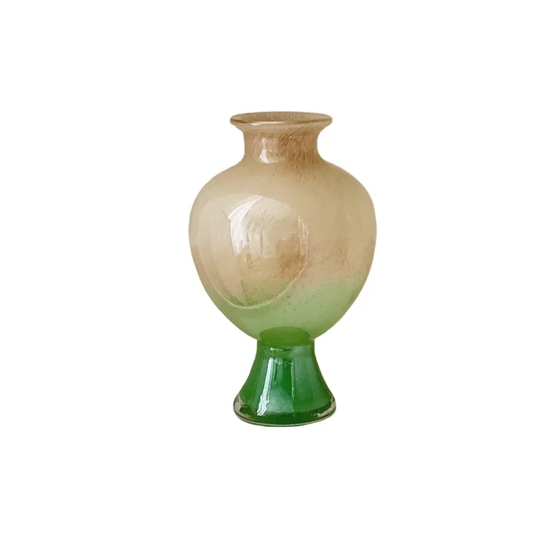Medieval gradual change green glass vase big belly simple hydroponic decorative ornament model room glazed flower ware