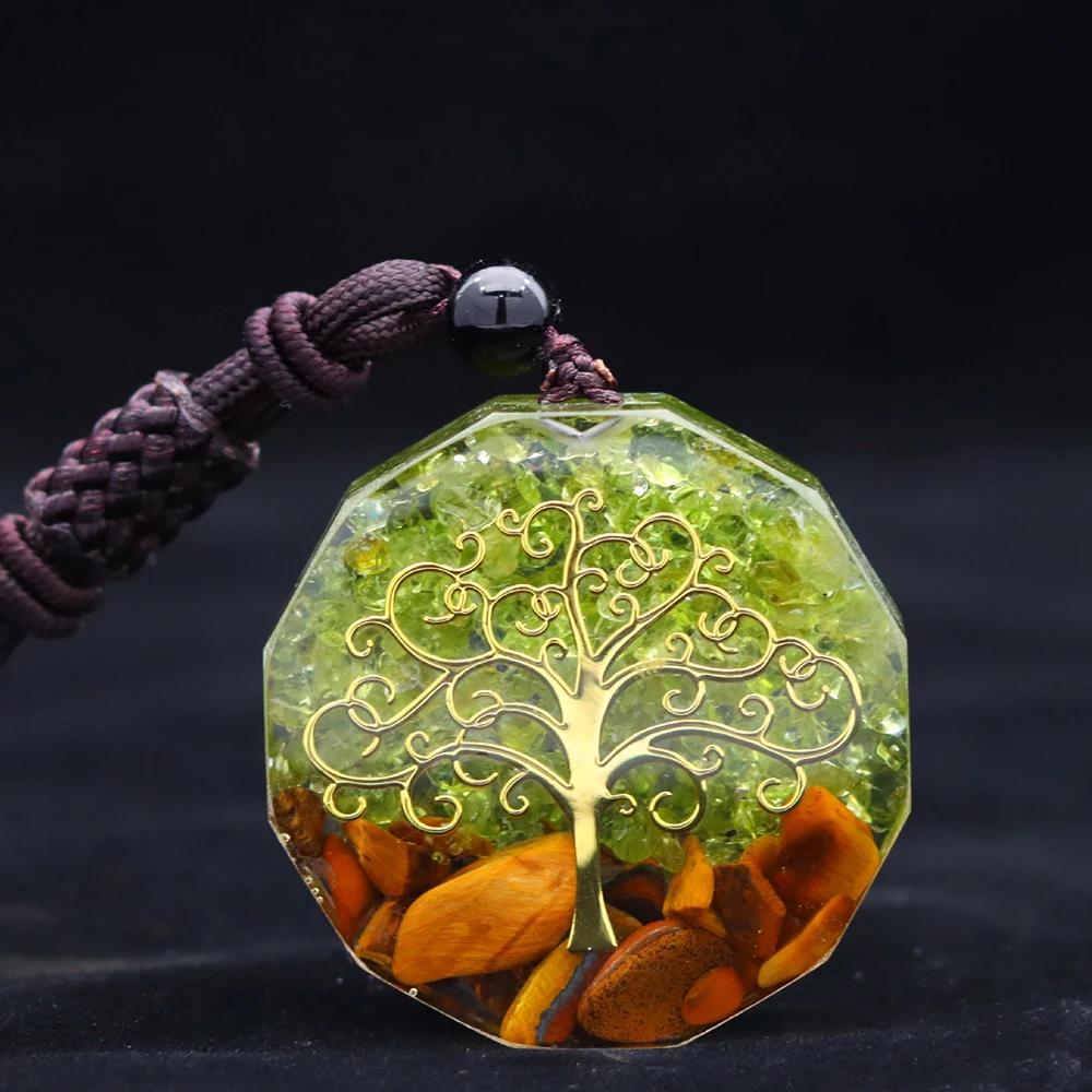 

Tree of Life Orgonite Healing Crystal Pendant Olivine Tiger Eye Stone Chakra Energy Gem Adjustable Necklace Meditation Jewelry