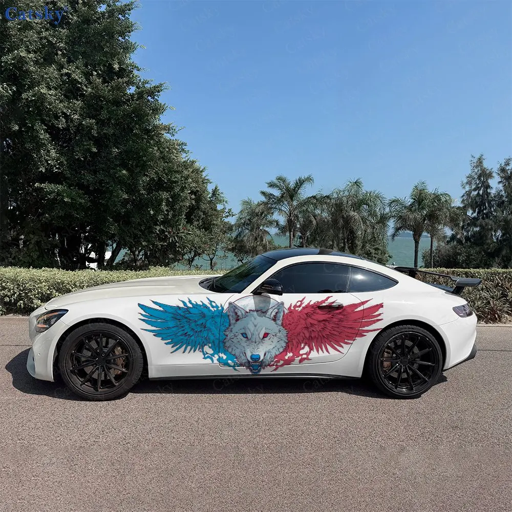 2pcs Blue And Red Winged Wolf Car Sticker Full Body Decal Decoration Scratches Protect Car Sticker Waterproof Car Vinyl Wraps