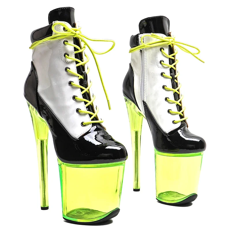 Leecabe 20CM/8 pollici Vernice PU Tomaia in bianco e nero Tendenza moda sexy trasparente Stivaletti con plateau con tacco alto Stivale da pole dance