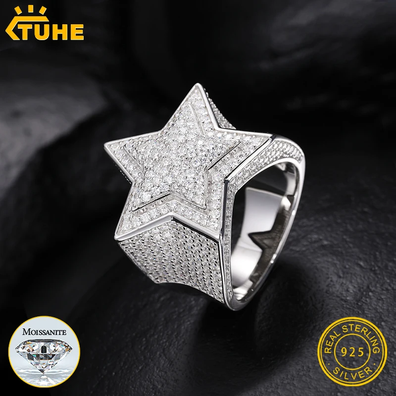 TUHE Unisex Hip Hop Men Moissanite Rings S925 Silver Jewelry For Men Star Ring Hip Hop Jewelry Gift