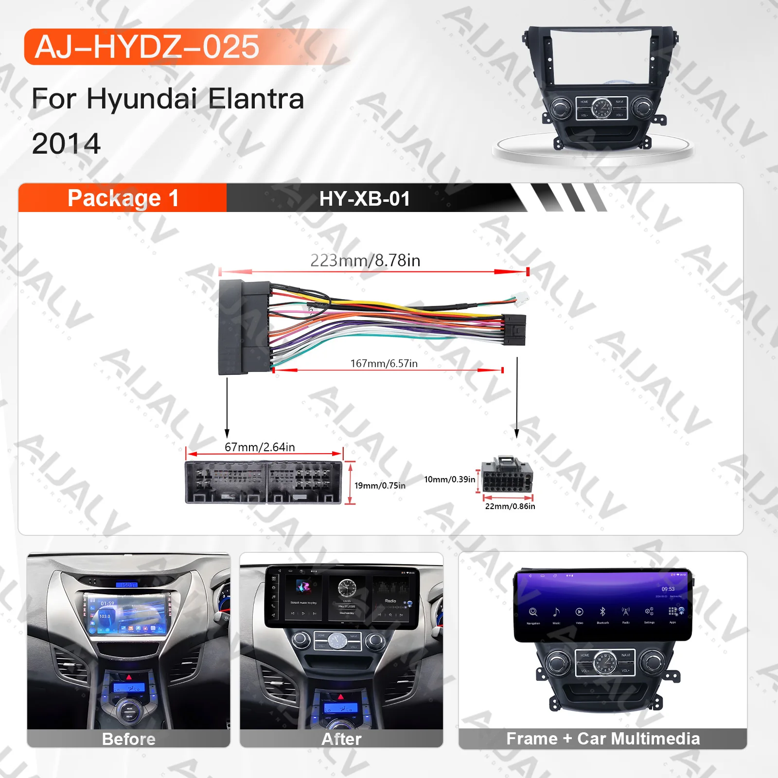 factory direct sales 12.3 inch car DVD player frame for Hyundai Elantra 2014 Android screen Apple with cable