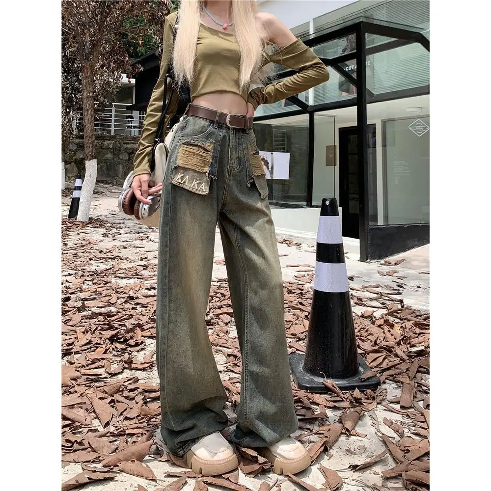 

High Waist Wide Leg Denim Jeans Women's Spring Autumn American Retro Straight Cut Trousers ket Design Loose Floor Length