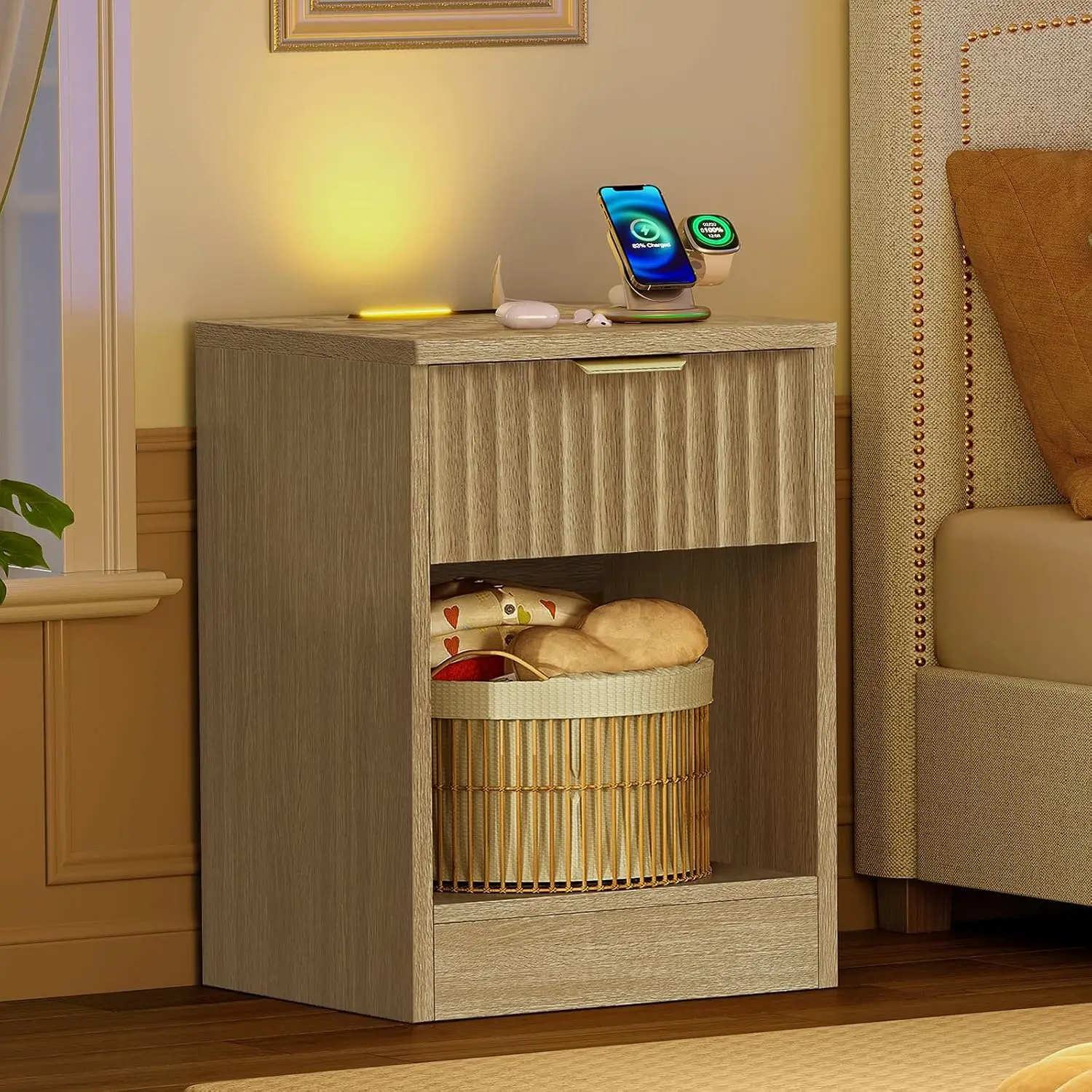 Fluted nightstands set two bedside tables charging station led light storage drawer open shelf small space bedroom natural
