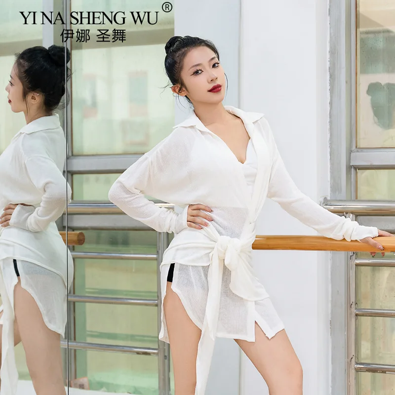 Loose Latin Dance Clothes Women White Black Long Sleeve Loose Shirt Skirt Training Clothes Latin Dance Cha Cha Samba Costume