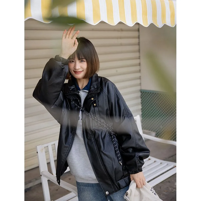 

Американская ретро искусственная кожа с воротником-стойкой для девочек, весенне-осенняя повседневная универсальная мотоциклетная куртка