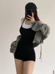 TVVOVVIN 2023 New High Street Sexy Fake Two Piece Sling Jumpsuit Women's Outwear Fitness Jumpsuit Yoga Casual Sports Shorts QKX0