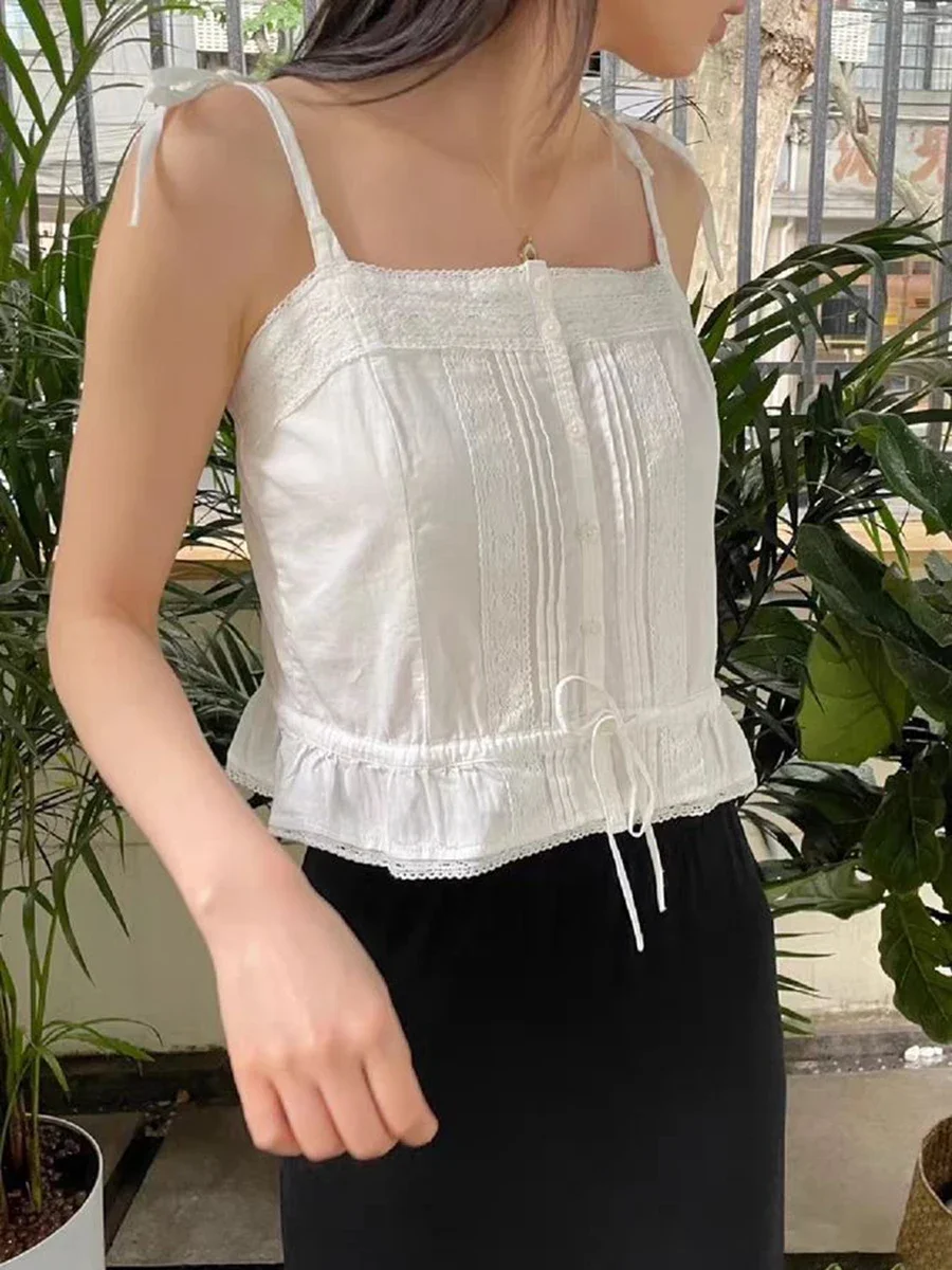الدانتيل الرباط تنحنح اقتصاص كاميس المرأة الصيف واحدة الصدر القطن سليم تانك القمم Y2k خمر الشارع الشهير الحلو المحاصيل الأعلى جديد