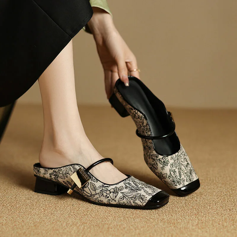 Phoentin Flower print mules shoes woman 2024 Chinese retro slippers for ladies cross strap low heels square toe plus size FT3365