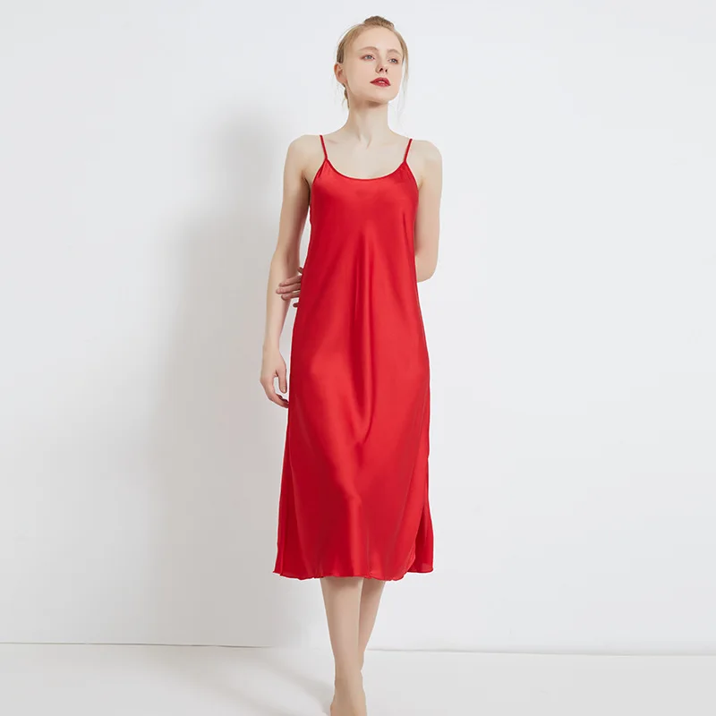 Women's Solid Color Plus Size Ice Silk Spaghetti Strap Nightdress Summer Sexy Long Nightgown With Slit Close Fitting Sleepwear