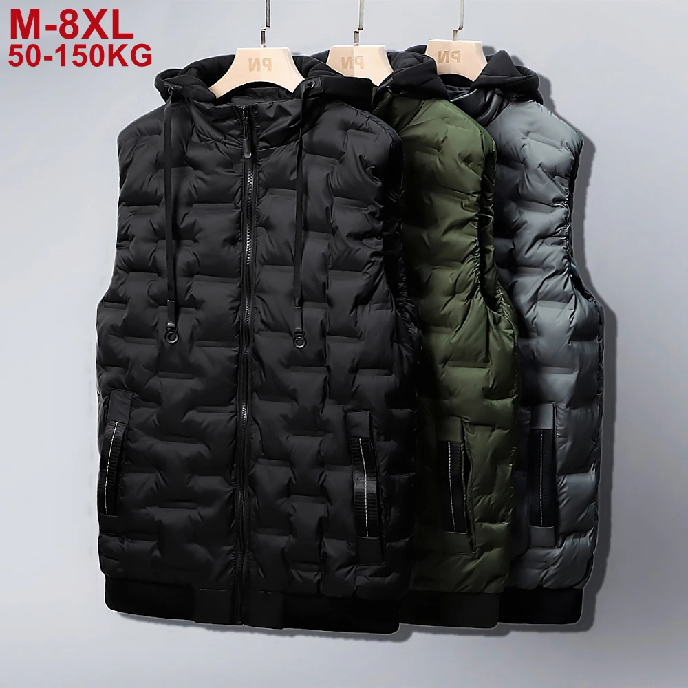 Plus Size 8xl Brand Vests Hot-selling New Mens Winter Down Vests Men Casual Waistcoat Armygreen Sleeveless Hooded Jackets Male