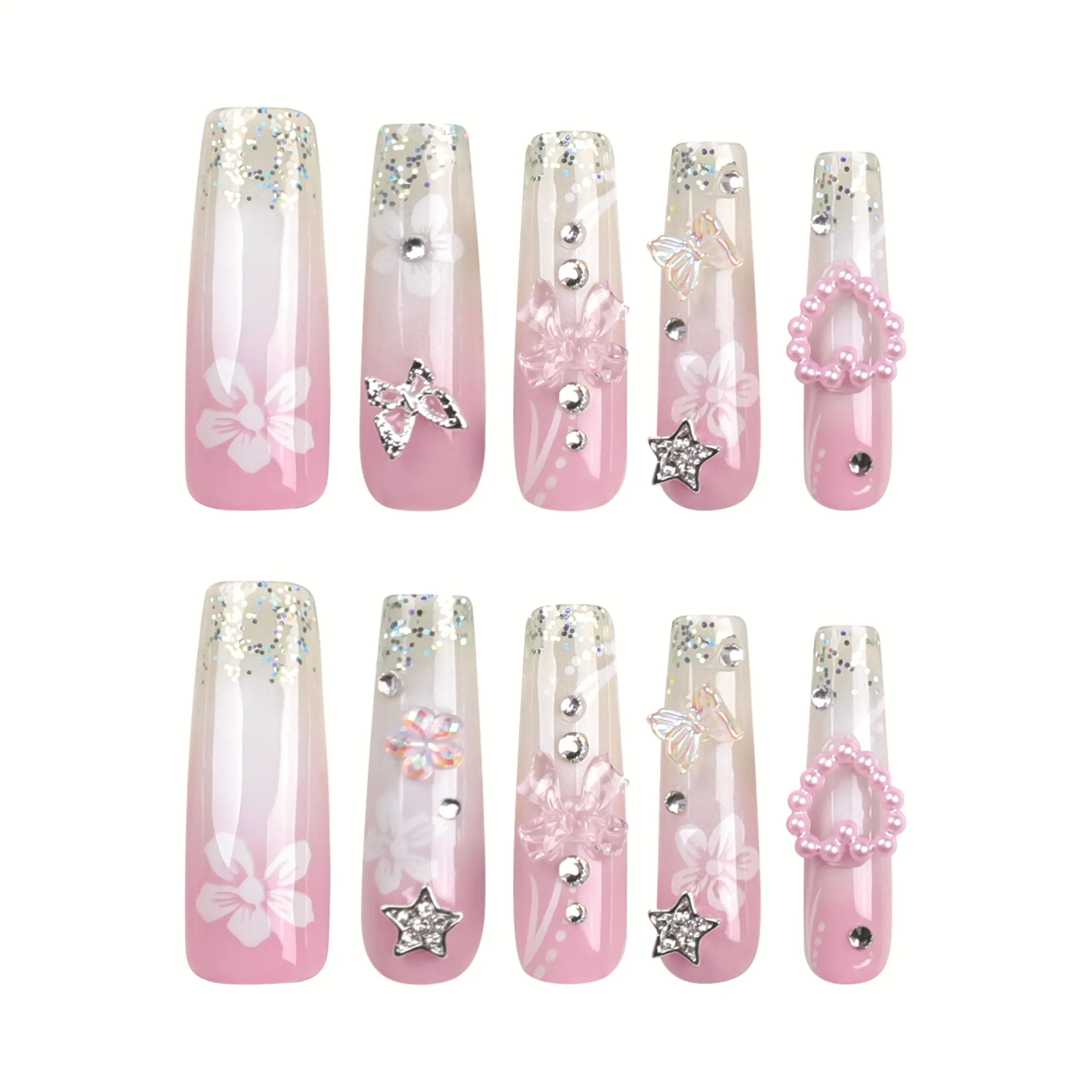 24pcs Flowers Printed False Nails 3D Bow Butterfly Decor Press On Nails Removable Long Coffin Ballet Fake nail tips for Bride