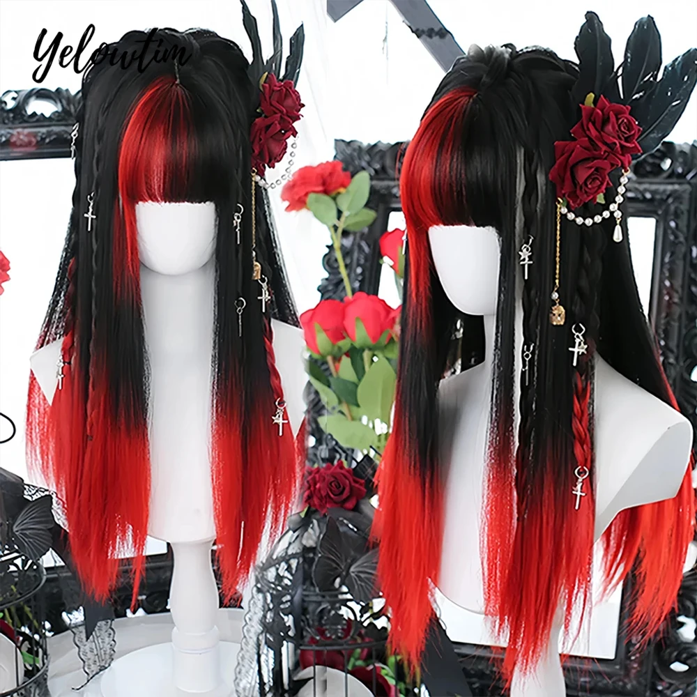 

Synthetic Long Straight Lolita Wig With Bang Red Black Ombre Cosplay Party Halloween Christmas Wavy Curly Harajuku Wig LM