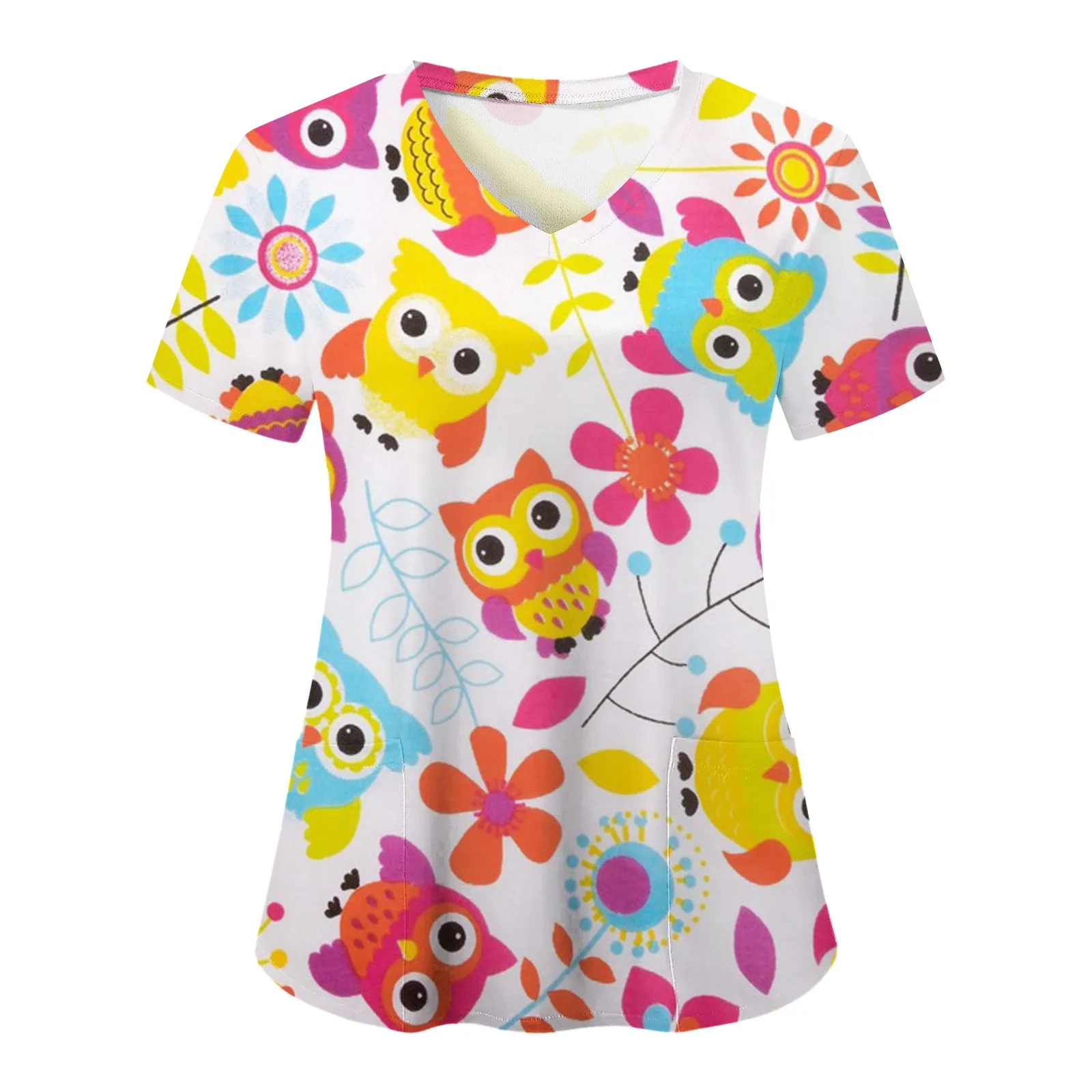 

Owl Print Womens Scrubs Short Sleeve Nurse Uniform V Neck Top Nursed Working Blusas Beauty Salon Veterinary Pullover Tops