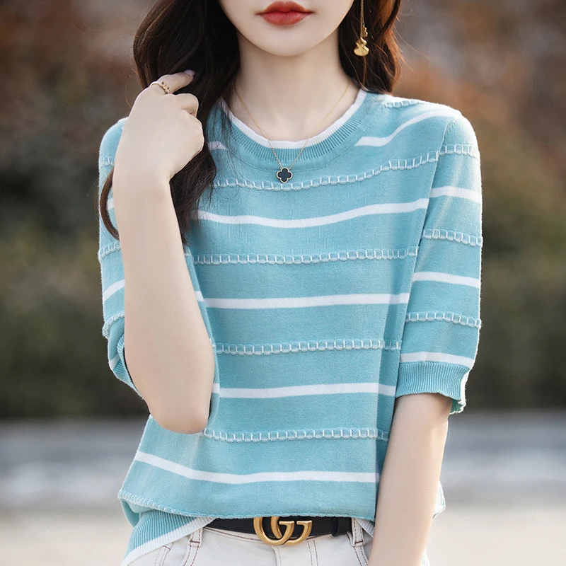Women's T-shirt Summer 100% Cotton Sweater Short Sleeve Casual Striped Round Neck Ladies Tops Loose Blouse Hollow Pullover Tees image 3