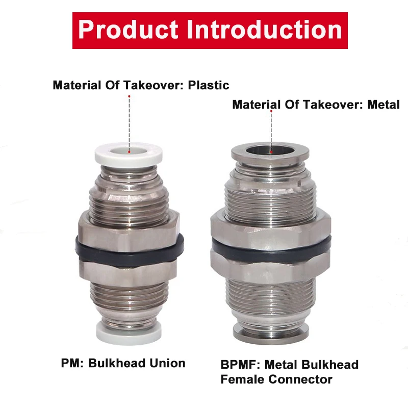 Airtac PM/BPM-4/6/8/10/12  Pneumatic Quick Coupling Bulkhead Union / Metal Bulkhead Female Connector