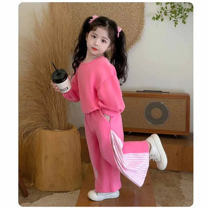 2026 New Girls Bow Tie Set Children Casual Suit Spring Long-Sleeved Striped Sweatshirt Pants 2Pc Kids Loose Outfit Autumn Clothe 6